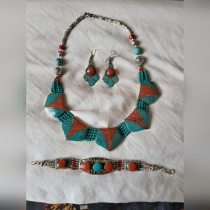 Genuine Composite Turquoise Coral Tibetan Silver Necklace Earri g Bracelet set